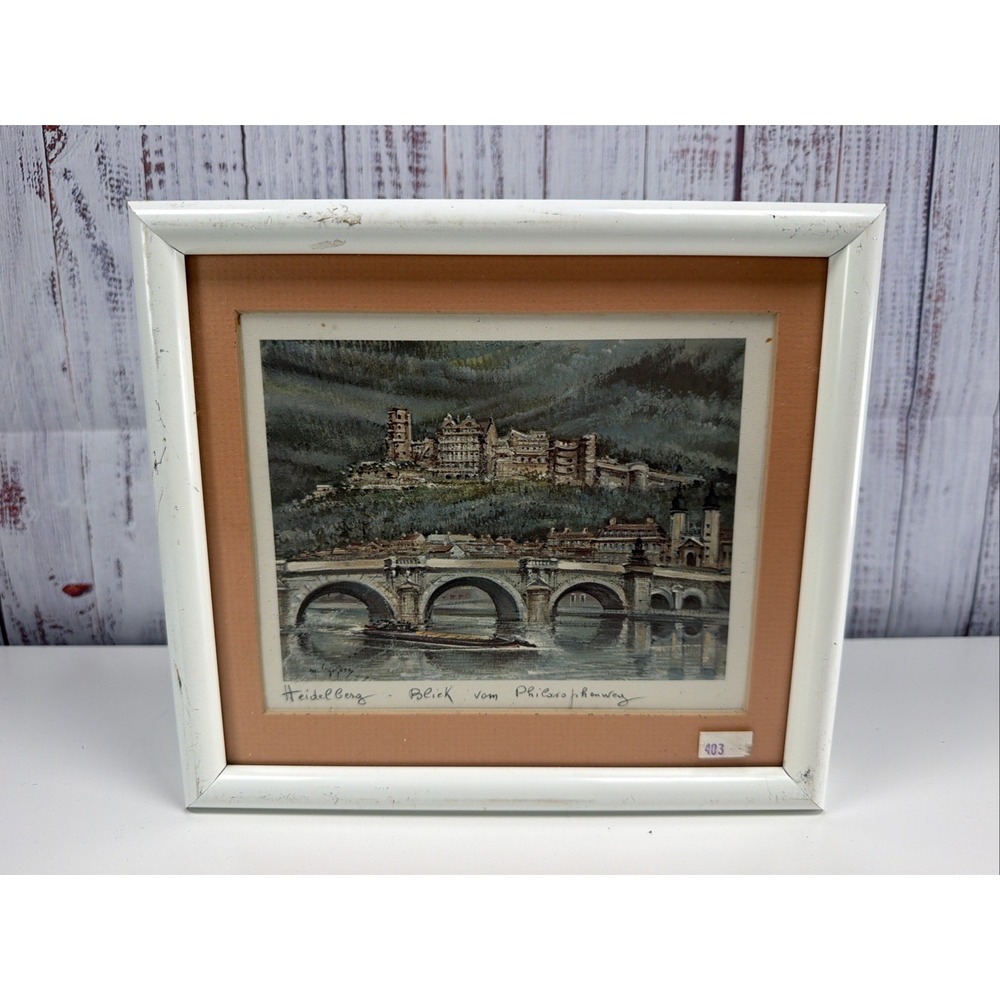 Vtg Heidelberg (Germany) Old Bridge Color Lithograph Framed Matted Signed 9x8"